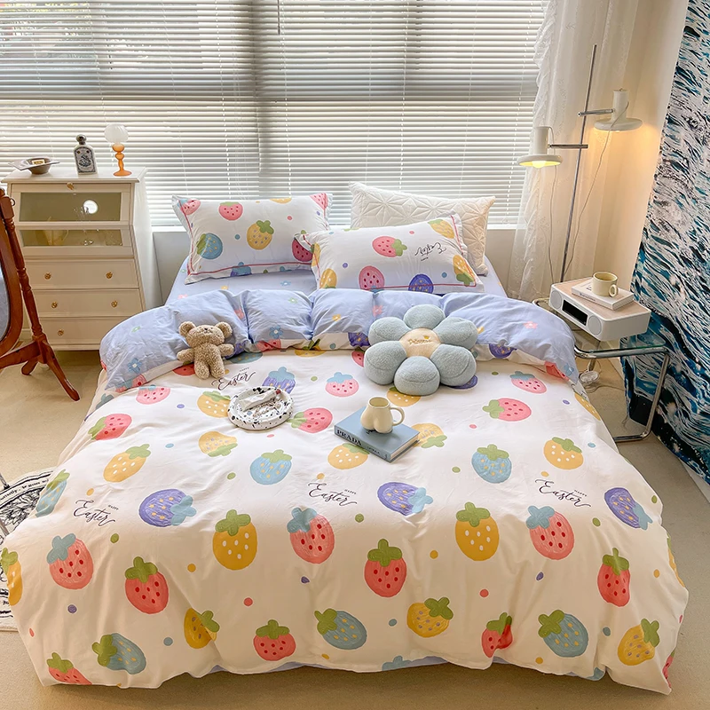 

Kawaii Strawberry Leopard Peach Bedding Set Cotton Full Queen Size Bear Flower Cartoon Fitted Bed Sheet Pillowcase Duvet Cover