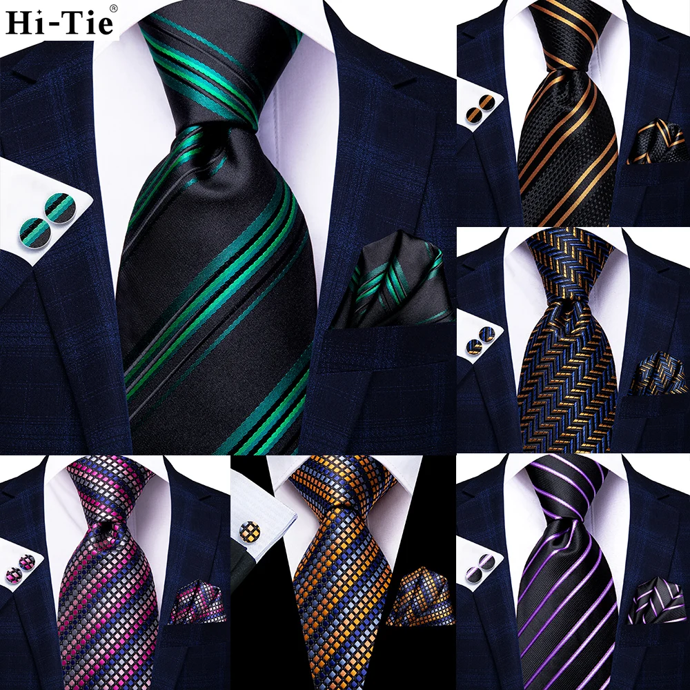 

Hi-Tie Black Gold Green Striped Paisley Silk Wedding Nicktie For Men Hanky Cufflink Gift Men Tie Set Business Party Dropshipping