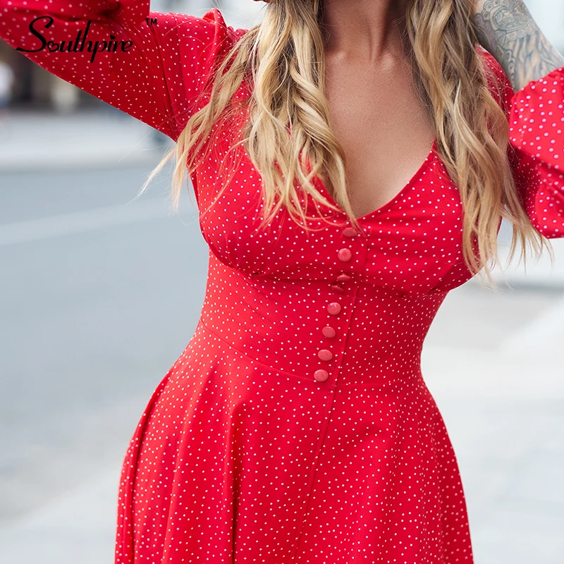 Платье женское длинное в горошек с глубоким V-образным вырезом | Женская одежда