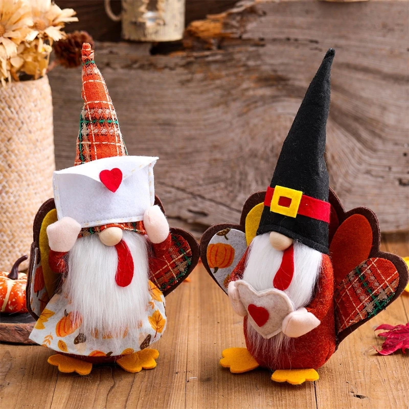 

Thanksgiving Gnome Turkey Pointed Hat Handmade Swedish Gnomes Plush Scandinavian Autumn Fall Tomte Farmhouse Decoration