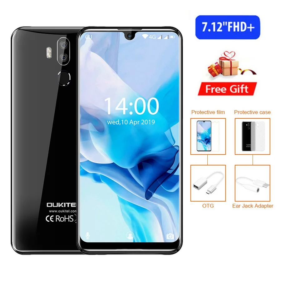 Black OUKITEL K9 водослива 7,1" FHD+ 1080*2244 16MP+ 2MP/8MP смартфон 4GB 64GB Face ID 6000mAh 5 V/6A Быстрая зарядка OTG Мобильный телефон - Цвет: Black