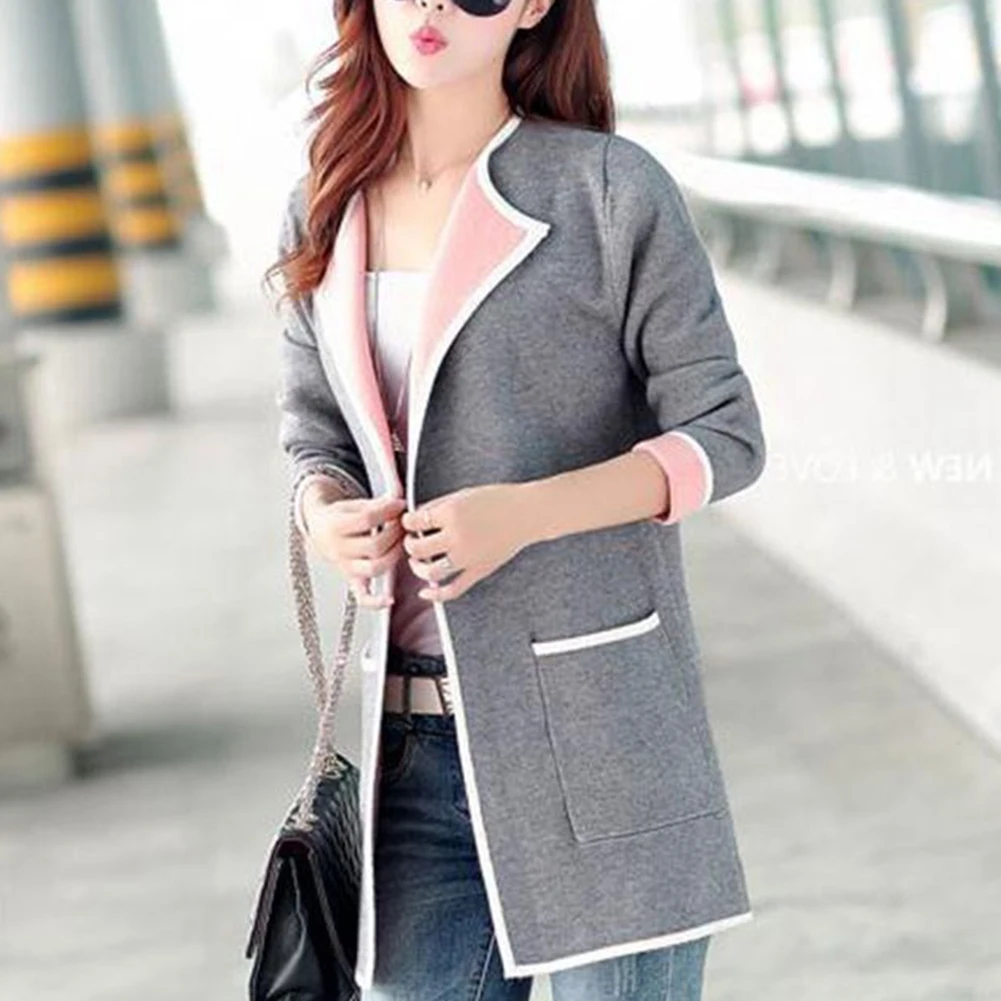 Модный Теплый Женский однотонный Кардиган с длинным рукавом и карманами