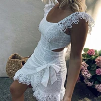 2022 womens fashion sexy lace slim dress summer fresh style sweet solid color square collar irregular strap mid length dress