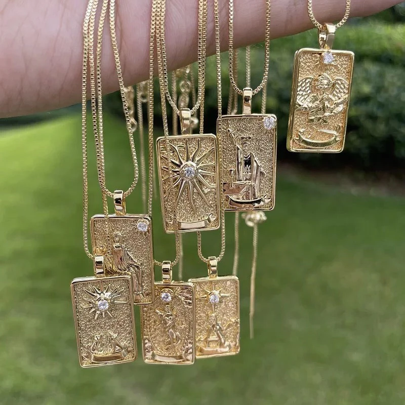 

Vintage Tarot Necklace Women Men's Kabbalah Symbol Zircon Square Necklace Punk Pendant Jewelry