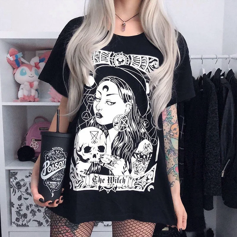 

2021 Dark Loose Punk Grunge Gothic T-shrits Oversized Harajuku Vintage Fashion Streetwear Print Female Tshirts Aesthethic Casual