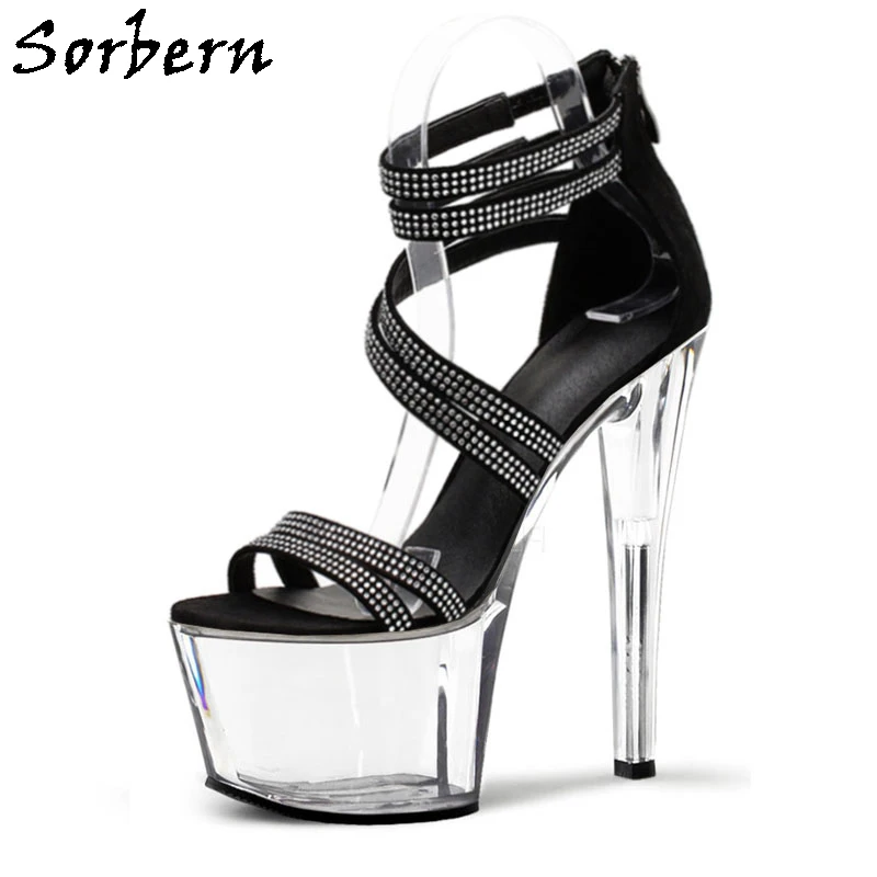 

Sorbern Crystal Sparks Cross Straps Sandals 15Cm 17Cm 20Cm Perspex Heels High Heels Sandal Women Summer Shoe Platform Clear Heel