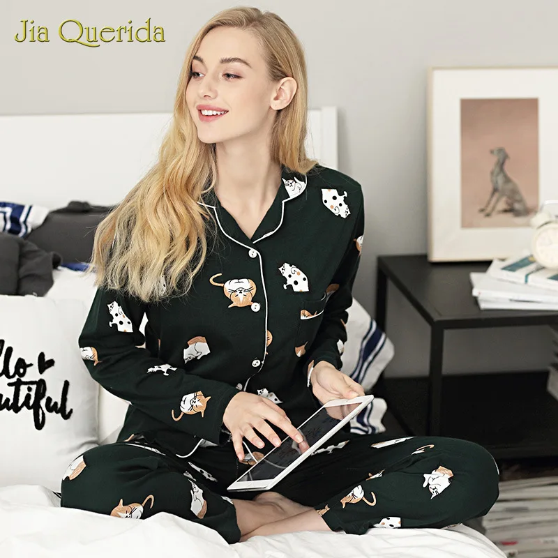 Женская пижама с принтом кошек осенне-зимний темно-зеленый Кардиган длинным