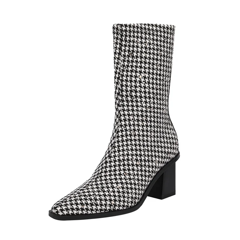 

2021 New Chic Women Ankle Boots Fashion Houndstooth Pattern Ladies Winter High-heeled Mid-Calf Boots Female Modern Boots