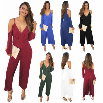 Модные однотонные Цвет длинный рукав Спагетти ремень комбинезоны с v образным