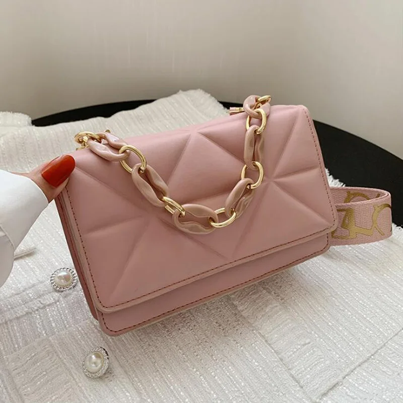 new wide strap shoulder bag solid square crossbody bags for women fashion design handbags chain female cross body free global shipping
