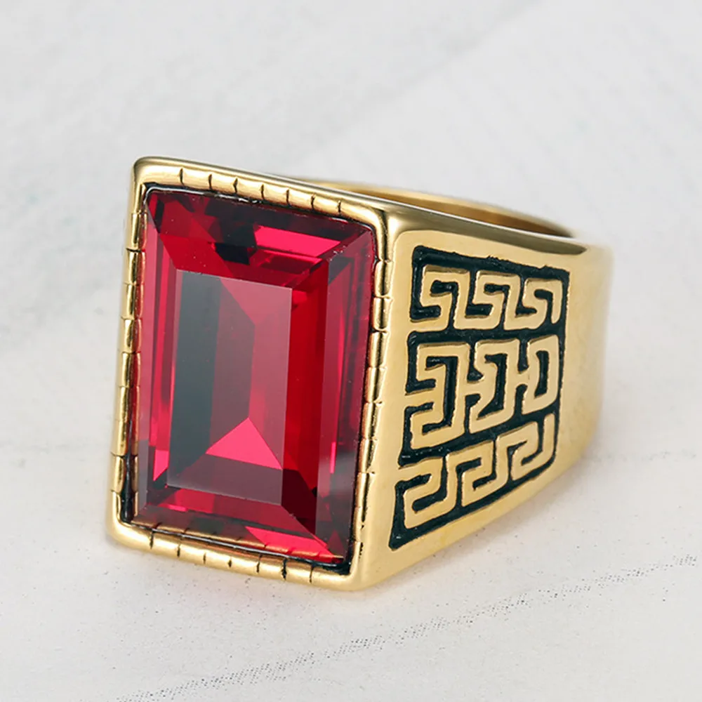 

Vintage Big Square Red Crystal Ruby Topaz Gemstones Diamonds Rings for Men 18k Gold Filled Titanium Stainless Steel Bague Bands