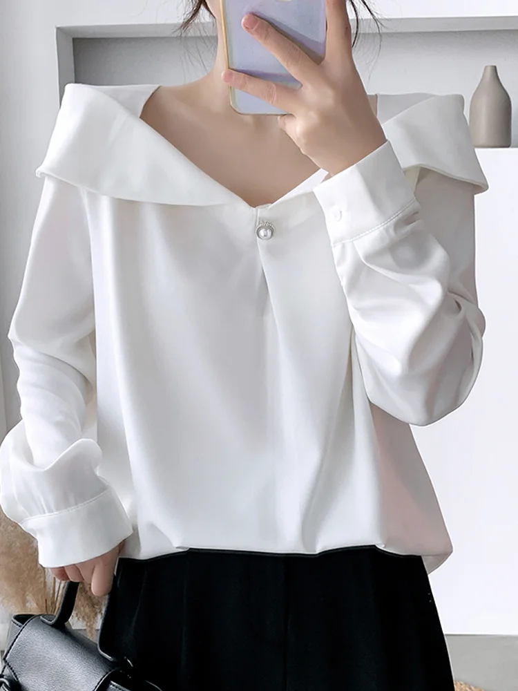 

Autumn Clothes Are Fairy Retro Style Top off-Shoulder Chic Fairy White Shirt Women's Design Sense