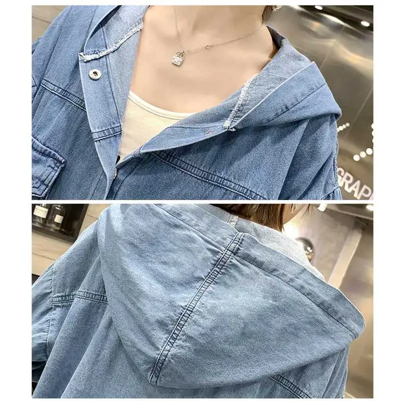 Синяя джинсовая куртка с капюшоном 2019 Весенняя Новая женская однотонная