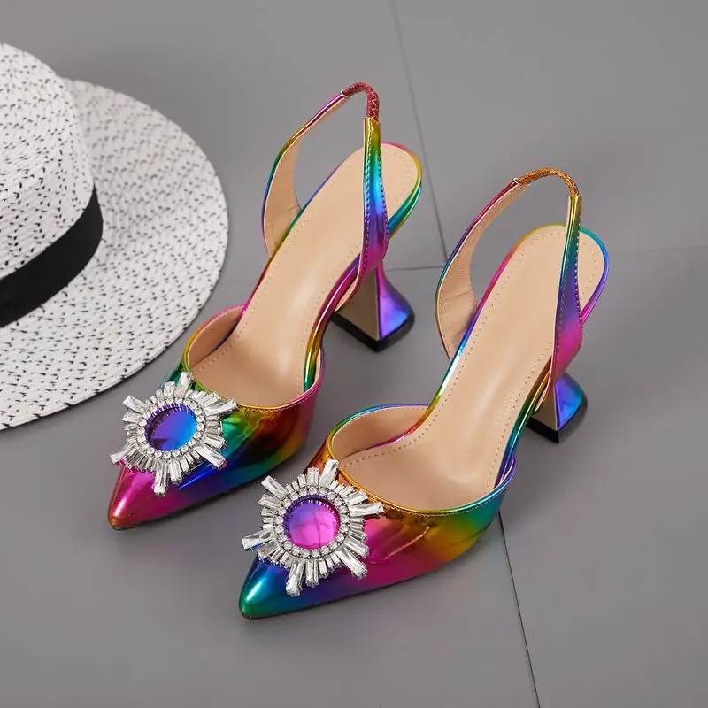 

2020 Rainbow Color Women Sandals Pointed Toe Sun Style Rhinestone High Heels Weeding Shoes Spike Heel Slingback Pumps