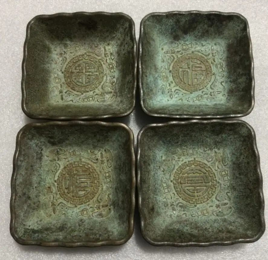 

China archaize brass Fu Lu Shou Xi square cup crafts statue A set
