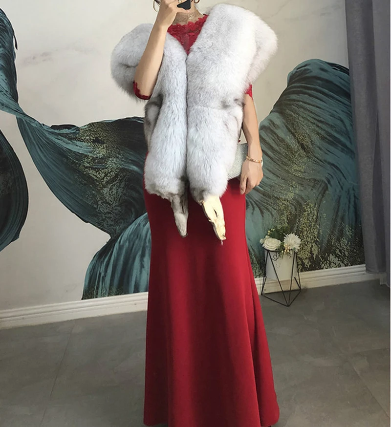 blue-fox-with-head Зимняя мода Роскошная Серебряная лиса красный fo меховой воротник шарф свадебное платье cappa шаль - Цвет: blue-fox-with-head