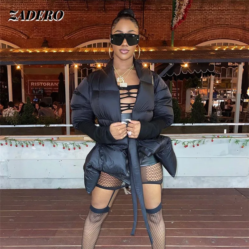 

Fashion Black Belted Puffer Jackets for Women 2021 Asymmetrical Thick Warm Long Bubble Coats High Street Solid Color Outwear
