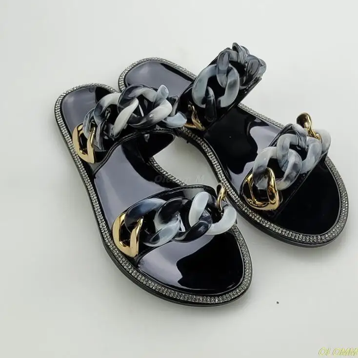 

P 2021 Hot women outdoor all-match beach slippers jelly diamond sequin chain flat crystal slippers home casual ladies slippers