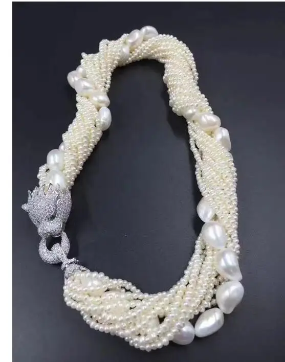

Genuine S925 Zircon 10rows white freshwater pearl near round 3-5mm necklace 19inch bracelet leopard clasp set