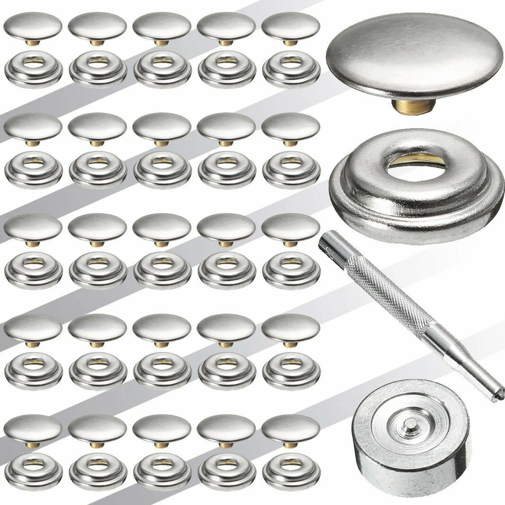 

25Set 15mm Stainless Steel Socket Fastener Snap Press Stud Button 50pcs Kit Sewing Leather Craft Push Silver Buttons