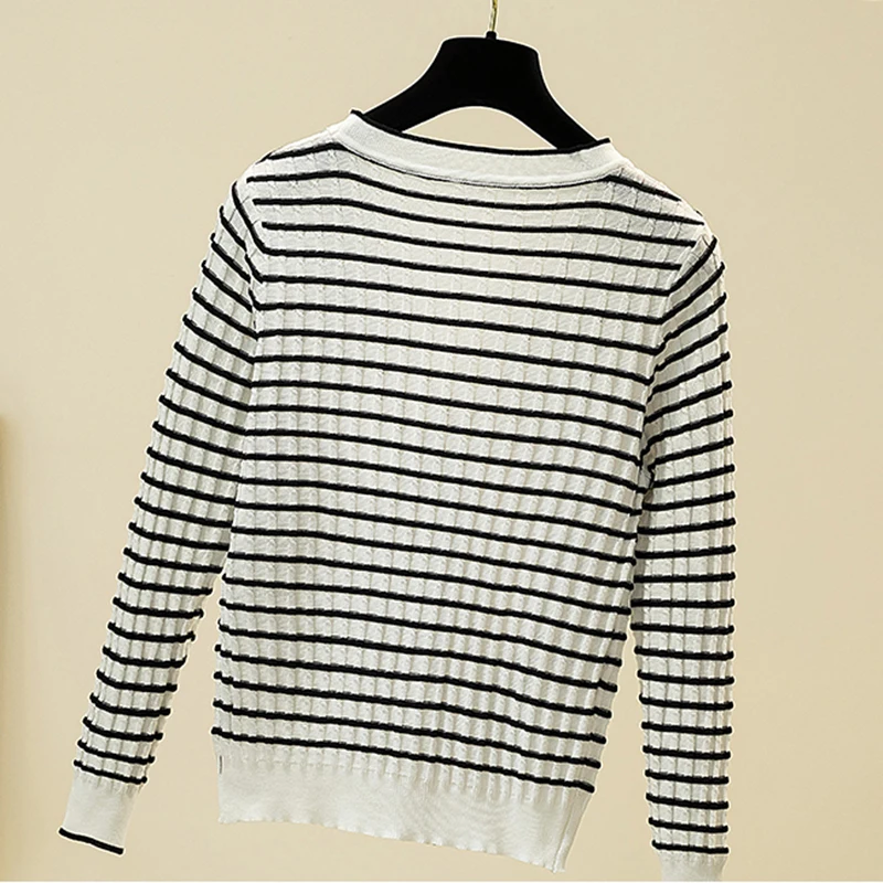 

New Women Knitted Cardigan Coat Thin Striped Casual V-Neck Long Sleeve Crochet Knit Sweater Coat Tops