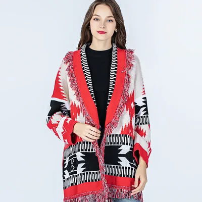 YAMDI shawl lapel print floral bohemian thick jumper knittted sweater autumn winter cardigan sweater women cotton embroidery