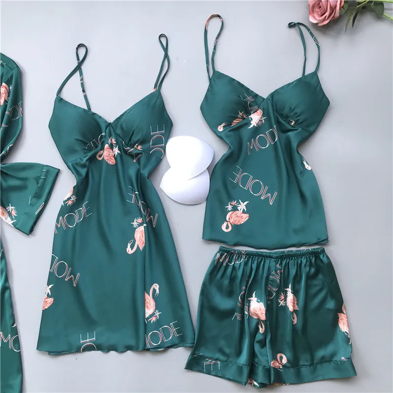 

Women's Robe & Gown Sets Flamingo Print Bathrobe + Night 4 Pieces Sleepwear Womens Sleep Set Faux Silk Robe Femme Lingerie
