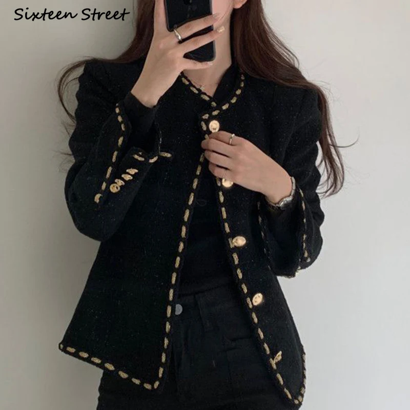 Golden Button Woolen Jacket Woman Winter Single Breasted Pocket Elegant Tweed Cropped Coat Korean Business Office Outerfit Fall | Женская