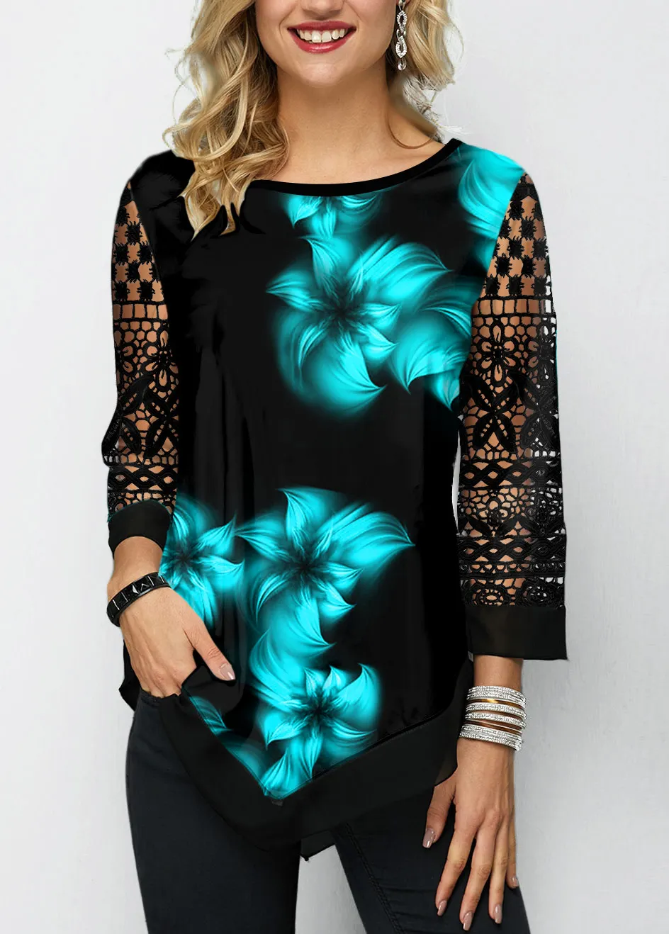 

Модная женская одежда, Свободные повседневные кружевные топы с длинными рукавами и цветочным принтом, туника с круглым вырезом