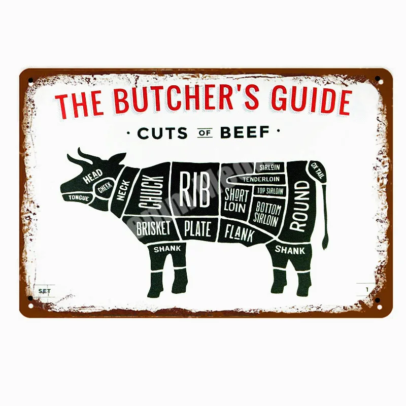 Руководство BUTCHER'S винтажные металлические вывески срезанная говядина корова курица свинина утка плакат кухня декоративные тарелки табличка наклейки на стену N286