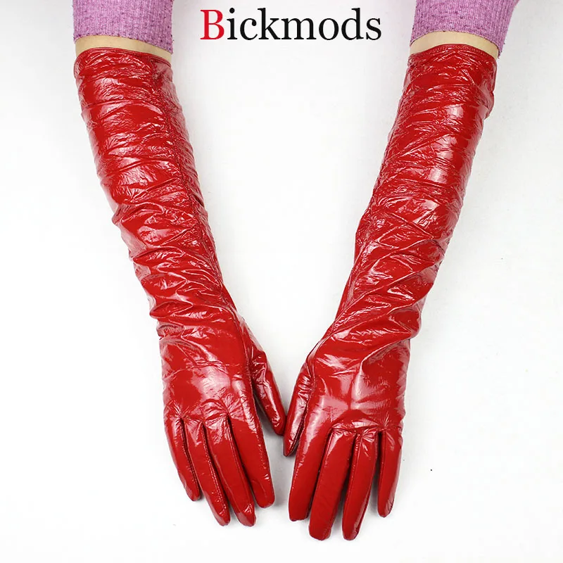 Настоящие новые Guantes длинные кожаные перчатки женские из овчины локоть лакированная бархатная подкладка Теплые щитки для рук