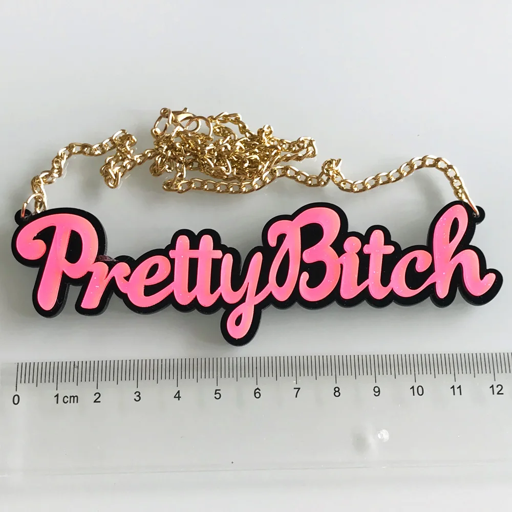 Hot Sale English Letter Hot Pink Pretty Bitch Acrylic Pendant Necklace With Glitter Powder Faahion Female Pendant Necklace 2019 images - 6