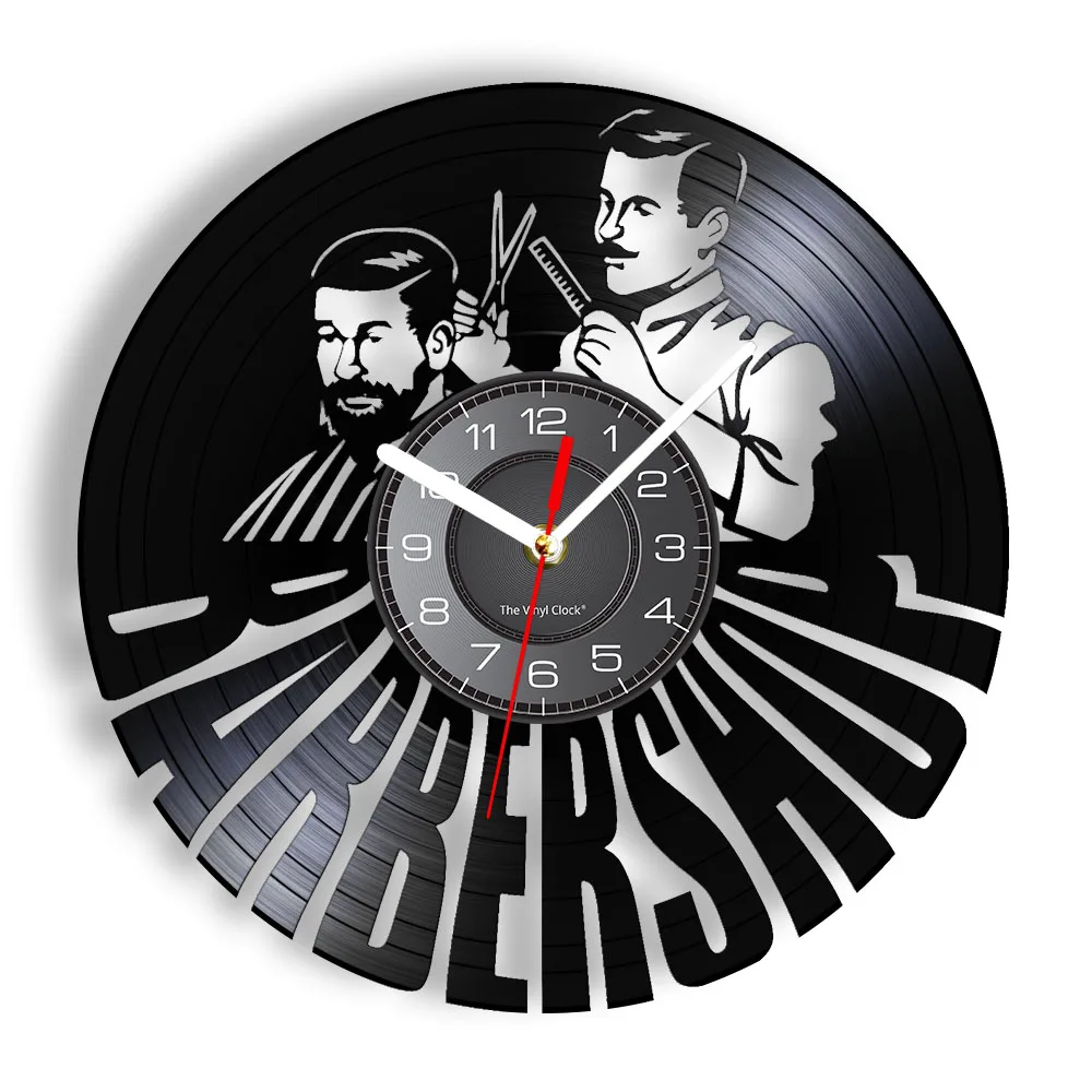 

Barber Shop Decorative Wall Clock Made Of Laser Cut LP Record Haircutting Tools Scissor Comb Carved LED Wall Decor Watch Artwork