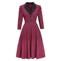 women 1950s vintage dress notched collar button up red plaid 34 sleeve a line ladies swing dresses