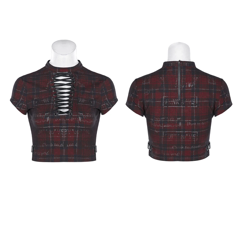 PUNK RAVE Women Hollow-out Strap Short T-shirt Punk Style Knit Printed Plaid Shirt Slim Fit Sexy Club Tops | Женская одежда