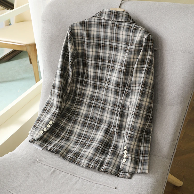 

Women Blazer New Products in Spring And Summer Casual Suit Collar Long Sleeve Double Breasted Plaid Cardigan Two Flip Pockets