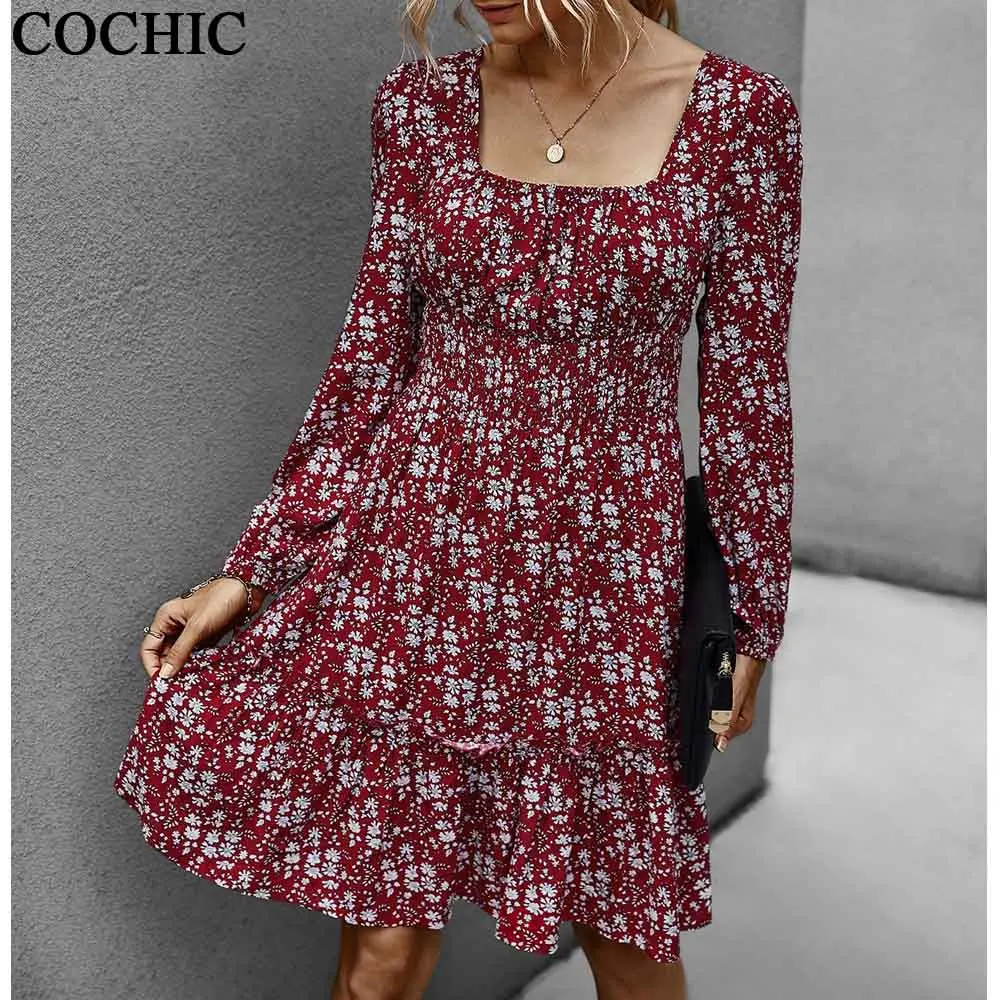 

Spuare Collar Elegant Autumn Women Floral Print Dress Ruffles Hem Spring long Sleeve Knee Length Dresses