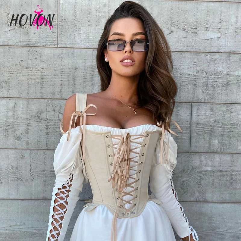 

HOVON Summer Boned Corset Bustier Bralette Crop Top Women Cut Out Sexy Club Lace Up Slim Bandage Sleeveless Camisole Tank Tops