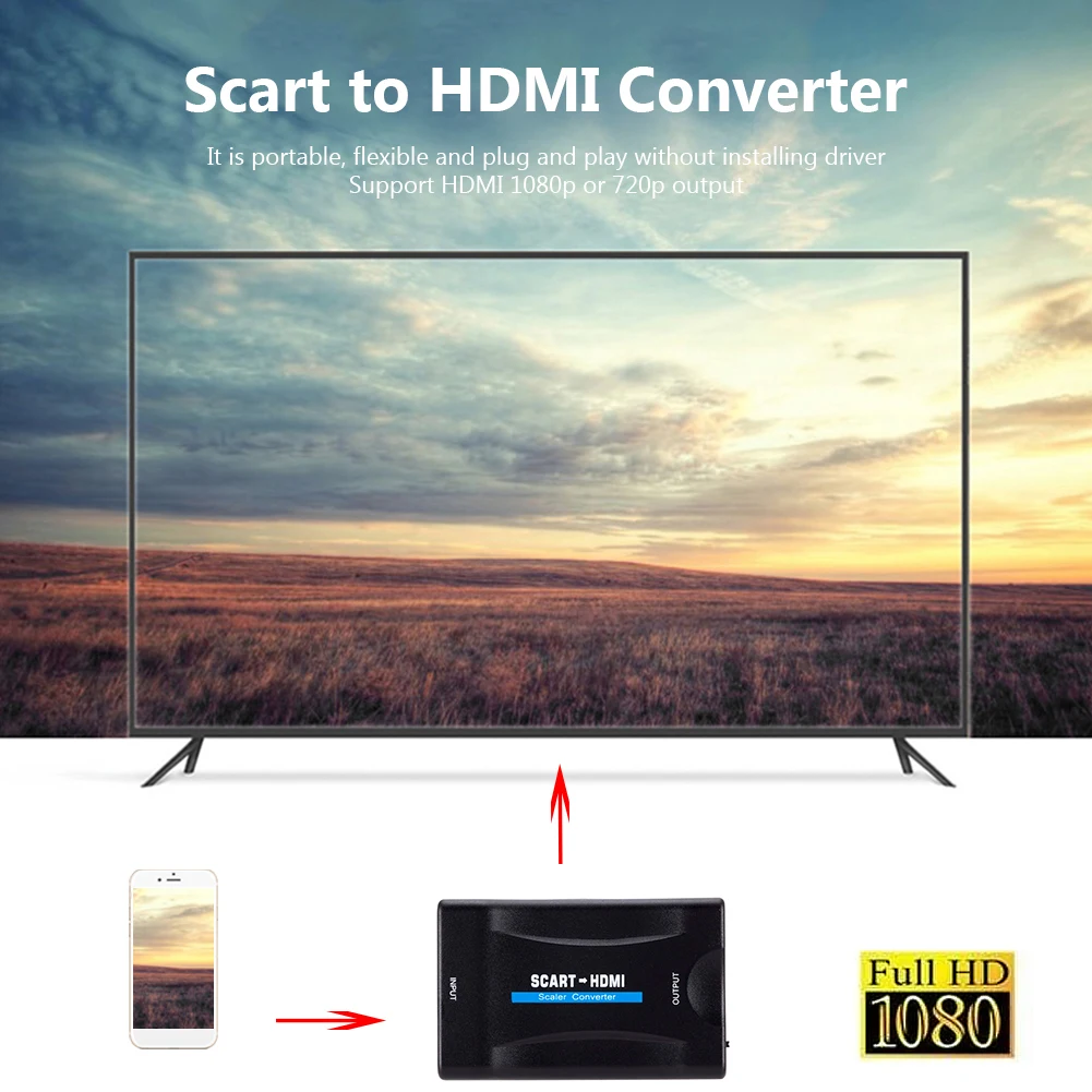 Адаптер преобразователя 1080P SCART в HDMI-совместимый преобразователь видео аудио