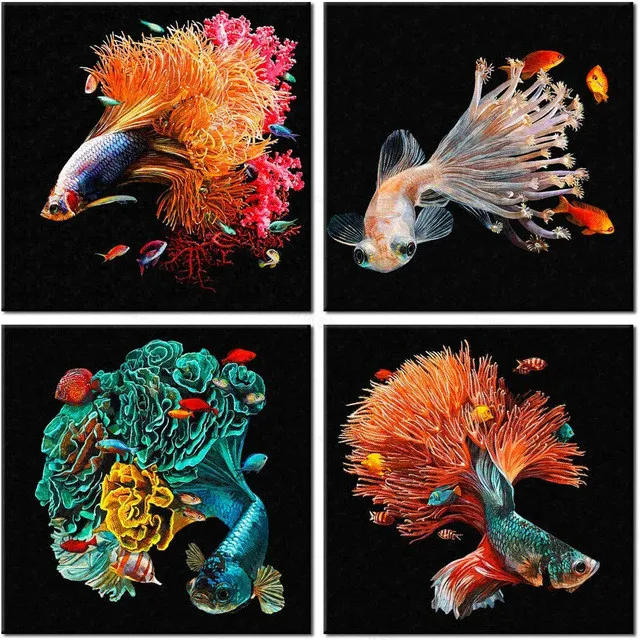 4 Панель Wall Art птица черный Какаду Темно-синие попугай мультфильм животных