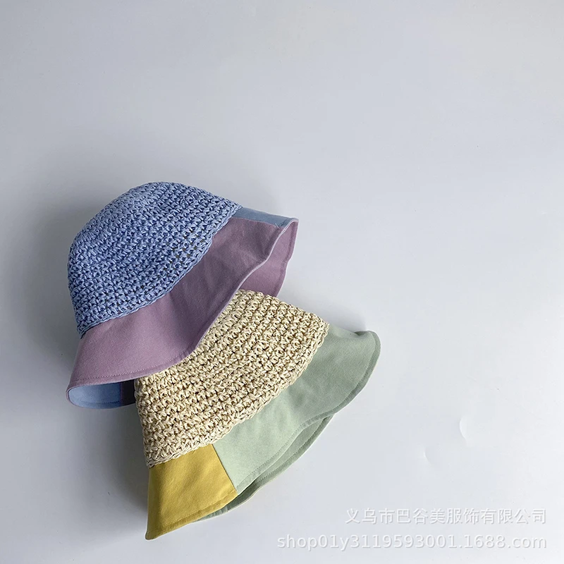 

Fabric Color Matching Children's Straw Hat, Spring and Summer New Big Eaves Dome Fisherman Hat, Breathable Sunshade Baby Hat