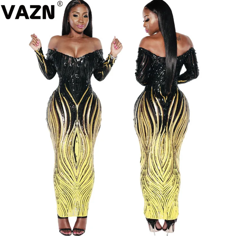 Черный VAZN Autumn Open See Through Heavy Industry Sequined Sexy Club Fashion Slash Neck Full Sleeve High Waist Women Thin Maxi Dress - Цвет: Черный