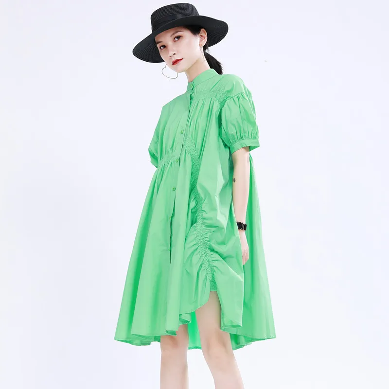 

New 2020 Summer Dress Women Irregular Pleated Design Loose Dresses Green/Orange