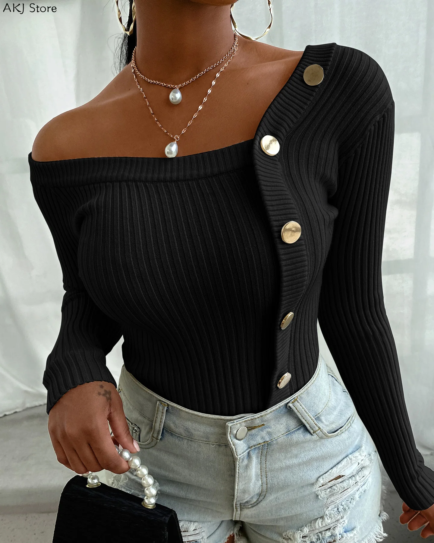 

Women Elegant Button Design Long Sleeve Knit Sweater Colorblock Studded Top