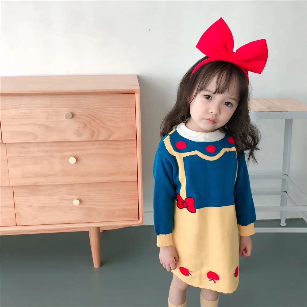 Autumn Winter Baby Girls Dress Snow White Knitted Crochet Princess Dresses For Korean Style Children Dummy 2Pcs Cute | Детская одежда и