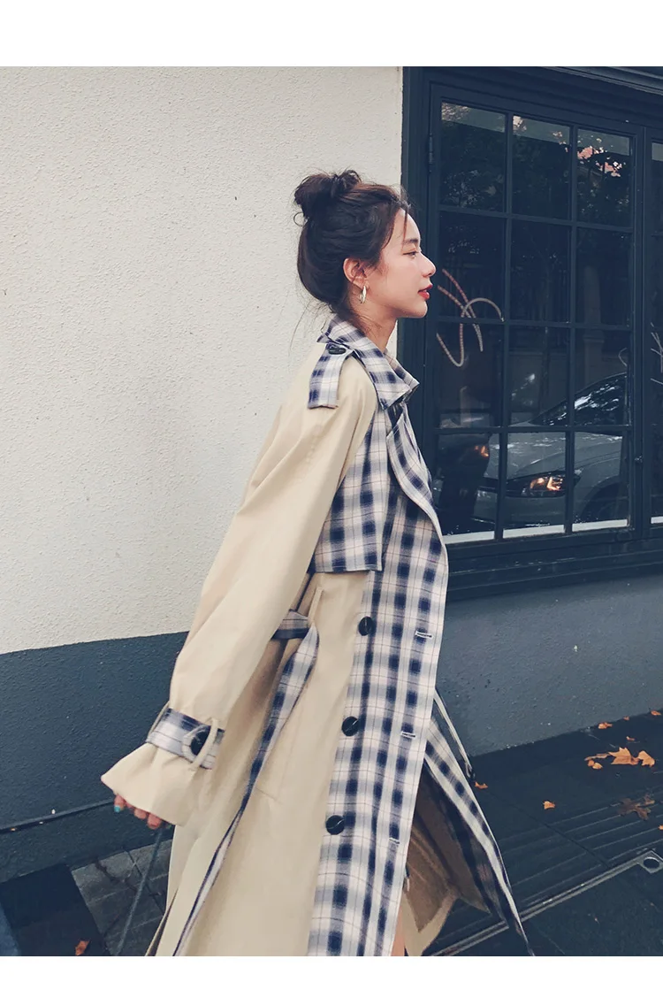 

Autumn Clothes Women Fashion Korean Splice Plaid Long Trench Coat Overcoat Female Elegant Loose Casual Sashe Windbreaker Cloak