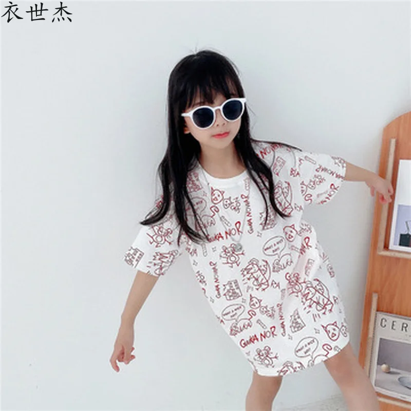 

2021 new girl T-shirt dress full print cute loose cartoon cotton long skirt casual T-shirt skirt