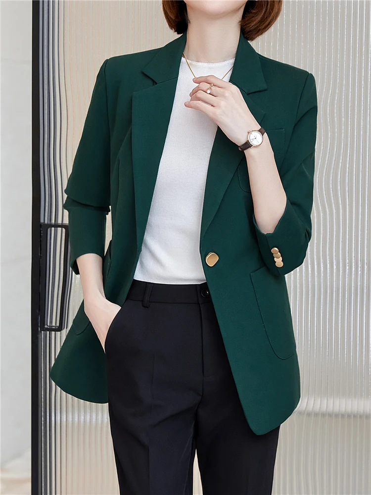 Spring Office Lady Elegant Blazer Coat Fashion Turn-Down Collar Women Outerwear Green Casual Simple Long Sleeve Stylish Jackets