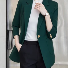 Spring Office Lady Elegant Blazer Coat Fashion Turn-Down Collar Women Outerwear Green Casual Simple 