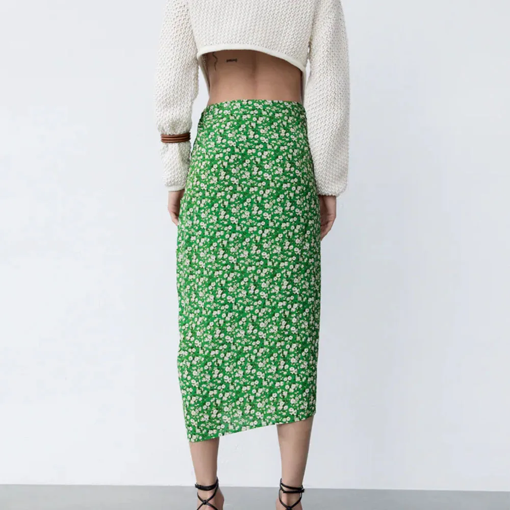 

Za Women 2021 Summer New Chic Fashion Flowers Printing Midi Skirt Vintage High Waist Fold Decoration Female Skirts